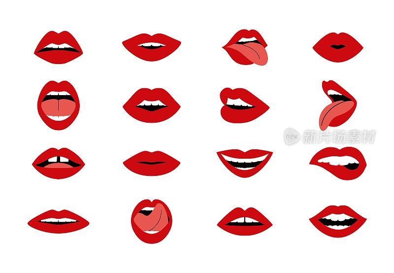 卡通女人的嘴唇。女人性感的吻，张开和闭着的嘴集合，红色唇膏的魅力形状。向量独立设置