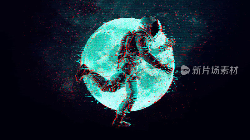 故障宇航员在月球和太空的背景。数字像素噪声抽象设计。矢量图