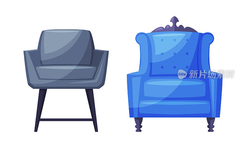 经典和现代扶手椅集，舒适的房间室内家具矢量插图