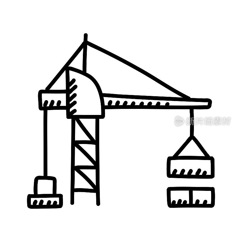 塔吊手绘图标，涂鸦风格矢量插图