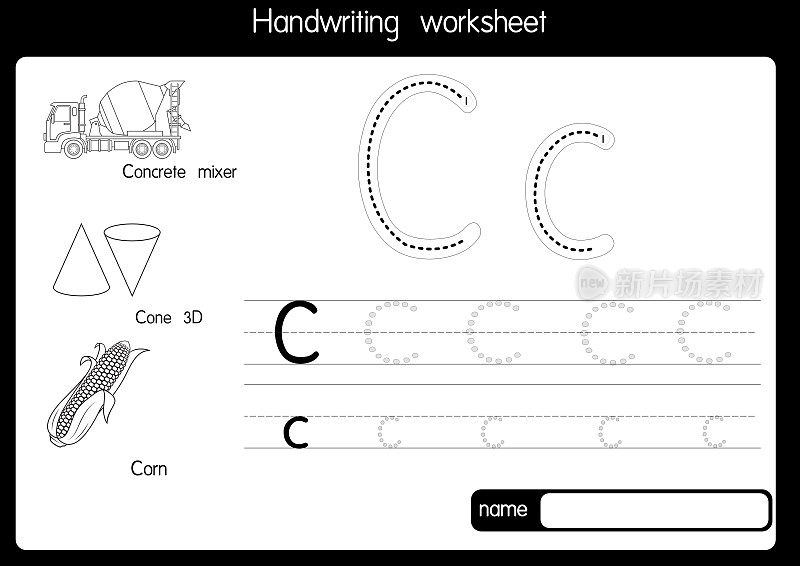 黑白矢量插图，用字母C大写字母或大写字母为儿童学习练习ABC