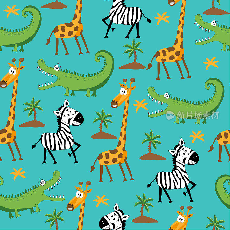 Safari无缝模式-有趣的斑马，长颈鹿，和鳄鱼手绘矢量插图