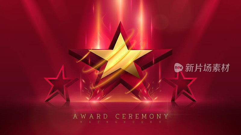 3d金色星星，带闪光和火效果装饰，散景元素和光束。奢侈品颁奖典礼背景概念。