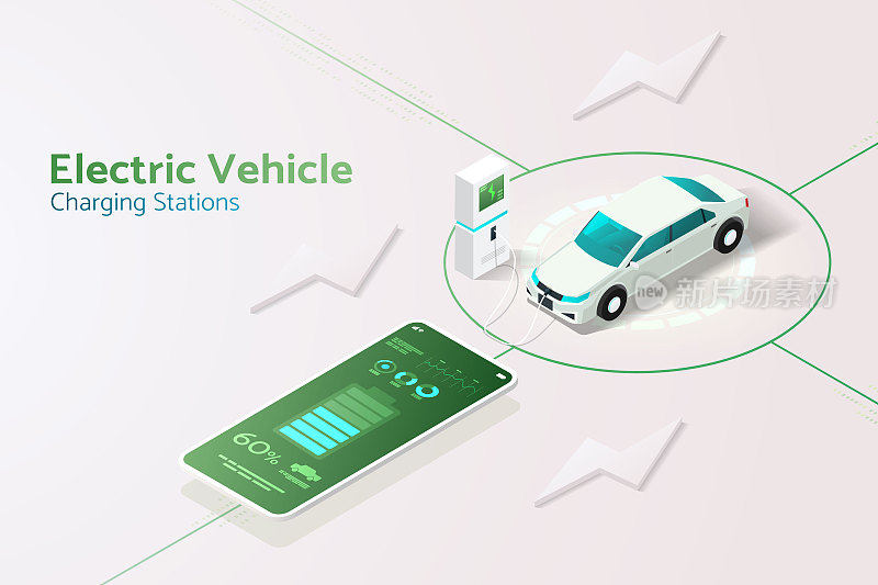 电动汽车充电站通过智能手机应用为汽车充电。