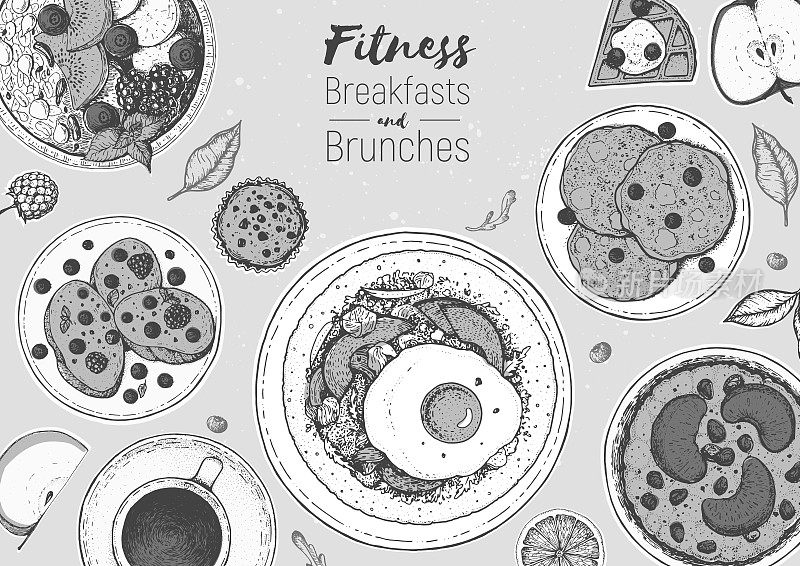 早餐上视图框架。早餐菜单设计。早餐和早午餐的菜肴收集。复古手绘草图，矢量插图。雕刻风格。