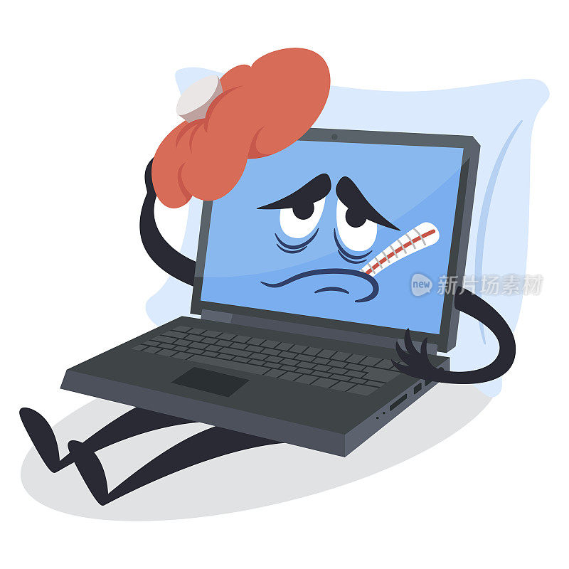 不开心的卡通生病的笔记本电脑躺在枕头上的温度计和冷抹布等长矢量插图