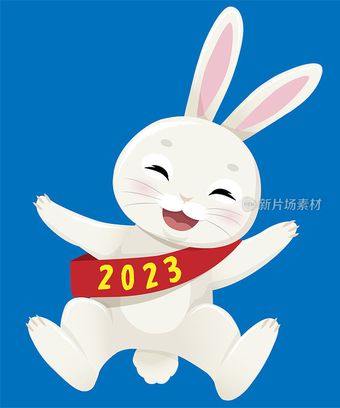 2023年的插画，一只兔子带着饰带跳跃