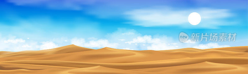 沙漠景观与金色沙丘与蓬松的云蓝色的天空。矢量卡通热干荒芜。地平线美丽的自然背景与黄色的沙丘视差场景在炎热的晴天夏天