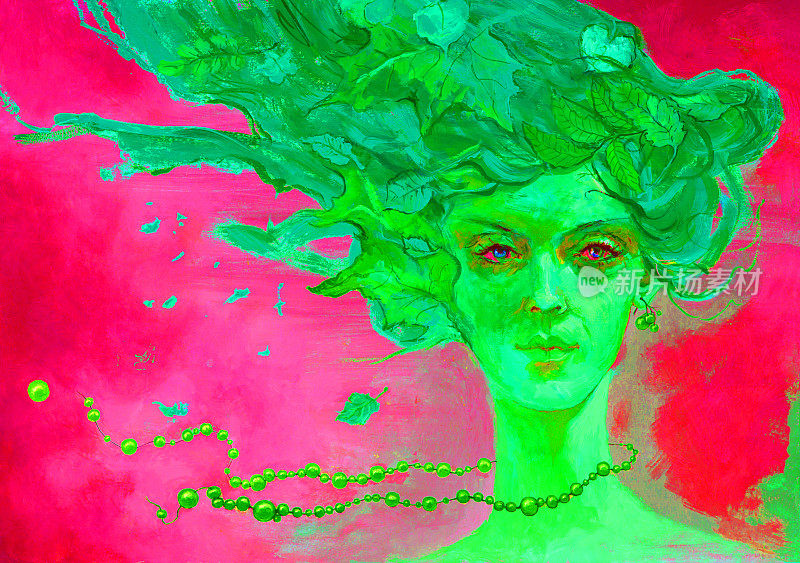 插图油画肖像的一个女孩的发型的绿叶和成熟的浆果珠对着天空