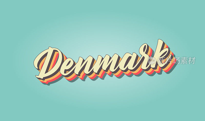 丹麦是世界上游客最多的国家。复古手写国家名称矢量插图