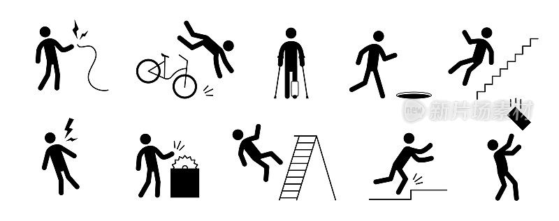 事故象形人图标。梯子坠落，伤腿，自行车事故象形标志集。警告，电击，危险图标棒人