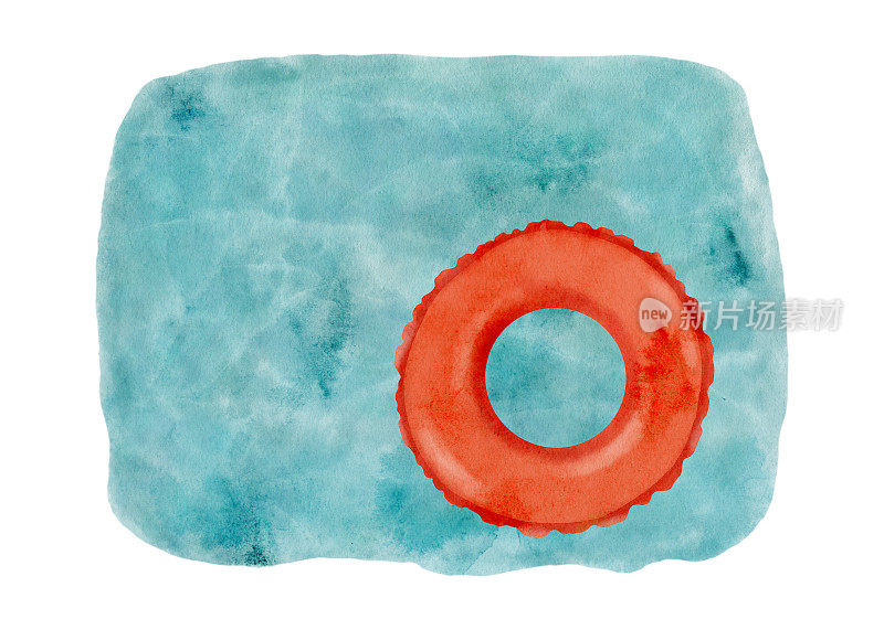 水彩游泳管在蓝色的海洋插图。手绘红色救生圈，在游泳池水中孤立于白色。暑假的背景。沙滩假日横幅。