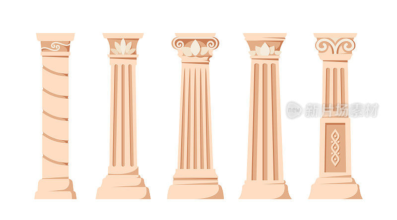 一套古色古香的石柱，古色古香的石柱孤立在白底上。罗马或希腊建筑元素