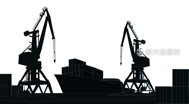 白色背景上，起重机和集装箱船停泊在商业货物港口的剪影。