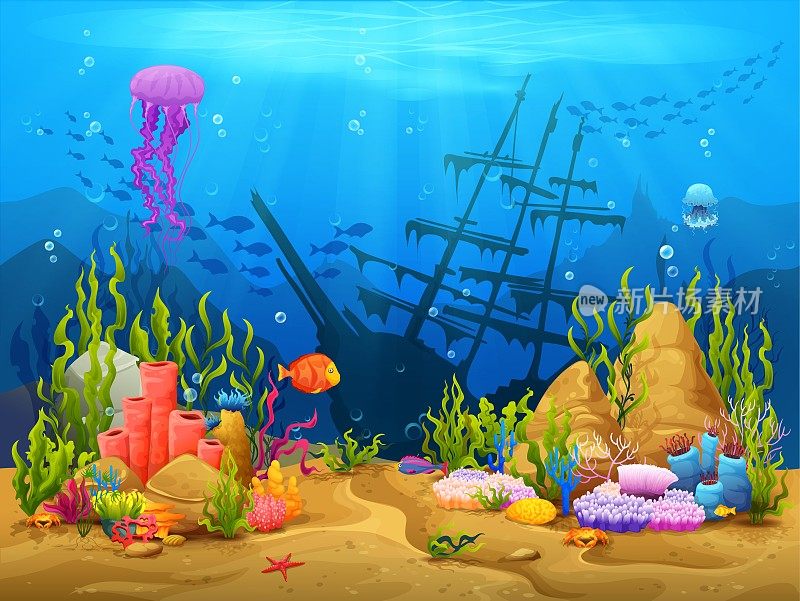 水下游戏级景观，珊瑚，鱼群