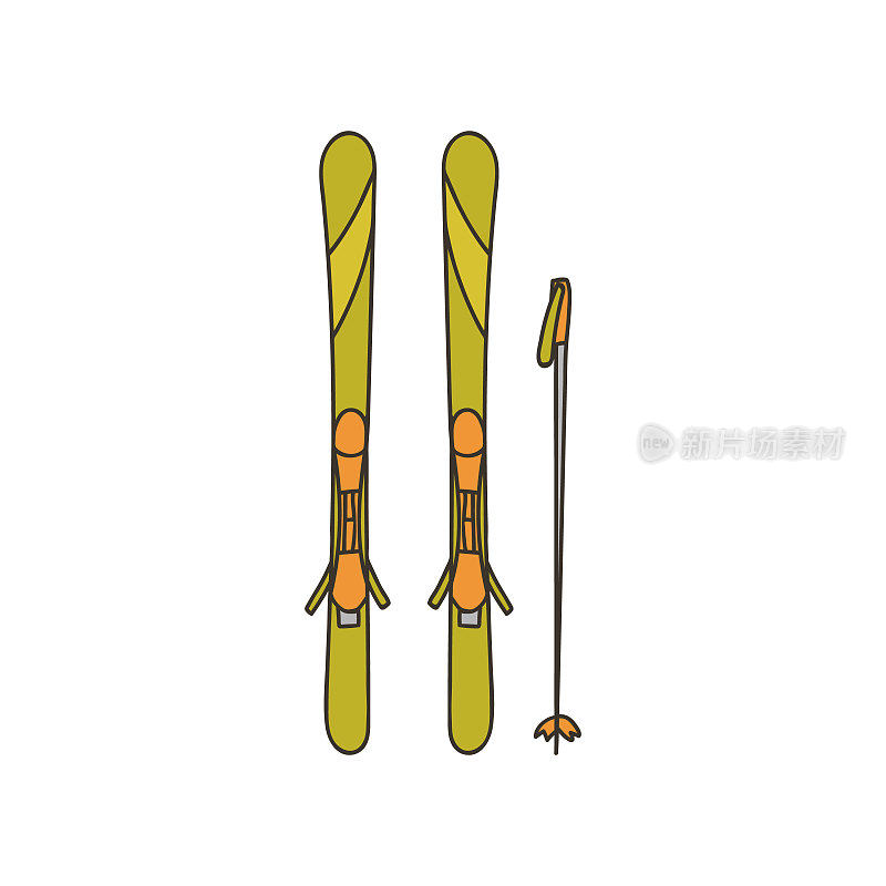 滑雪板彩色涂鸦插图矢量。滑雪板彩色图标在矢量。滑雪装备彩色图标矢量