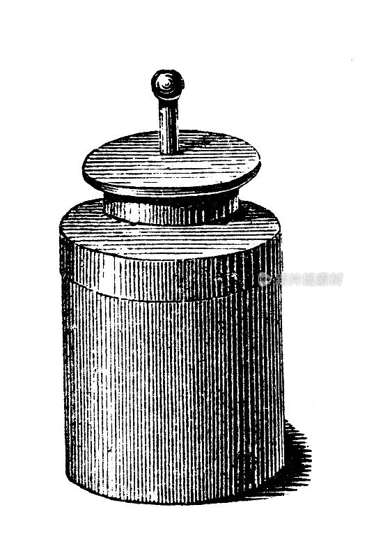 古董插图、物理原理与实验、电与磁:莱顿罐