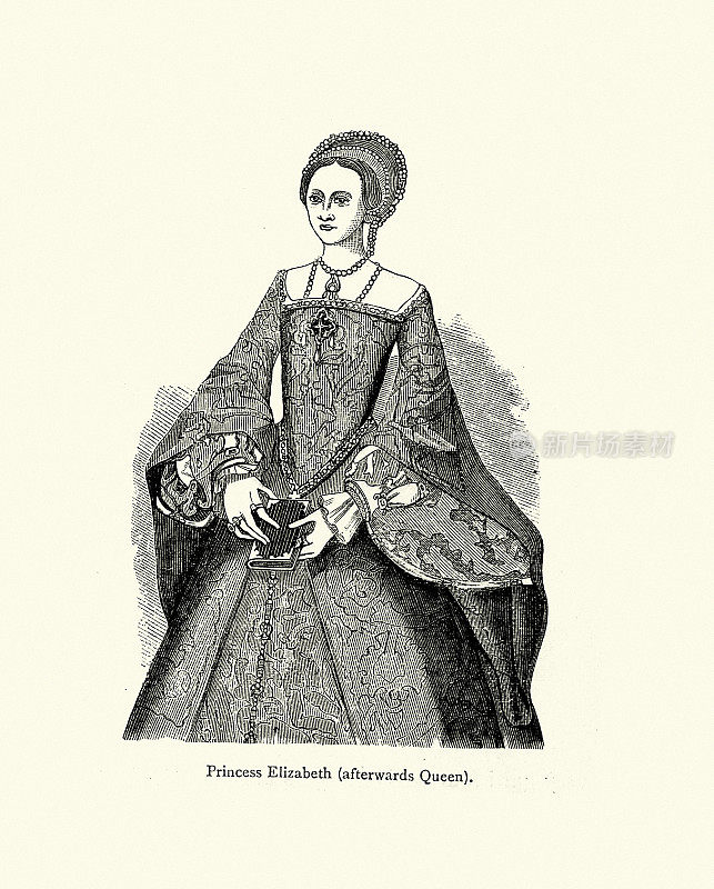 伊丽莎白公主，后来的英国女王伊丽莎白一世，都塔尔女性时尚，时代服装，礼服，16世纪