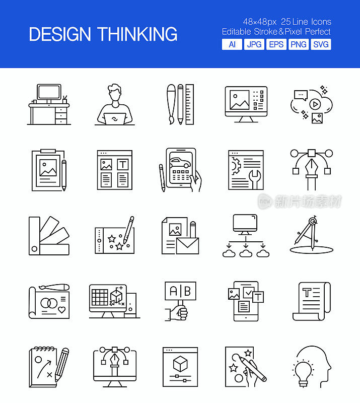 设计思维细线矢量图标集。设计是可编辑的，颜色可以改变。创意图标向量集:设计，创意，原型，设计师，头脑风暴，设计软件