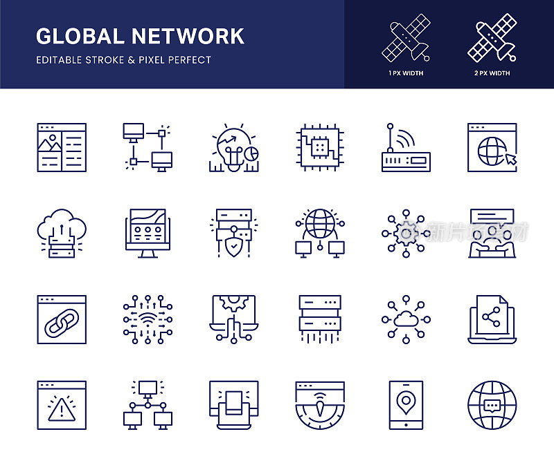 全局网络线路图标。此图标集由连接、全球通信、WWW、数据库等组成。