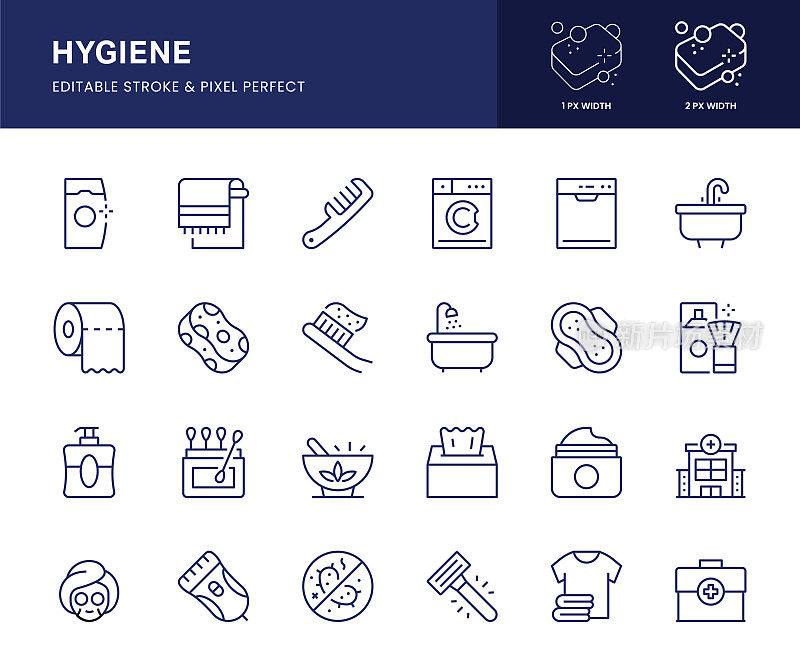 卫生线图标。这个图标集包括洗发水，毛巾，梳子，牙刷，纸巾，海绵等。