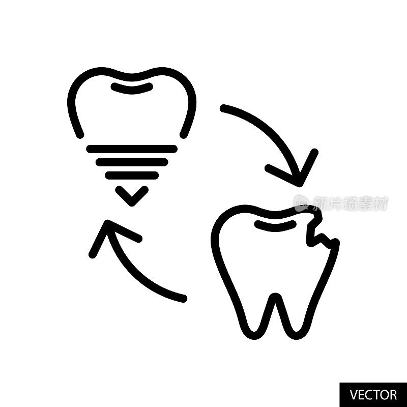 破碎的，开裂的，损坏的牙齿替换，牙齿种植，牙齿修复概念矢量图标在白色背景上孤立的线风格设计。可编辑的中风。
