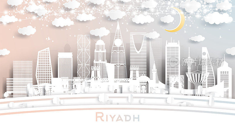 沙特阿拉伯利雅得的城市天际线剪纸风格的白色建筑，月亮和霓虹花环。
