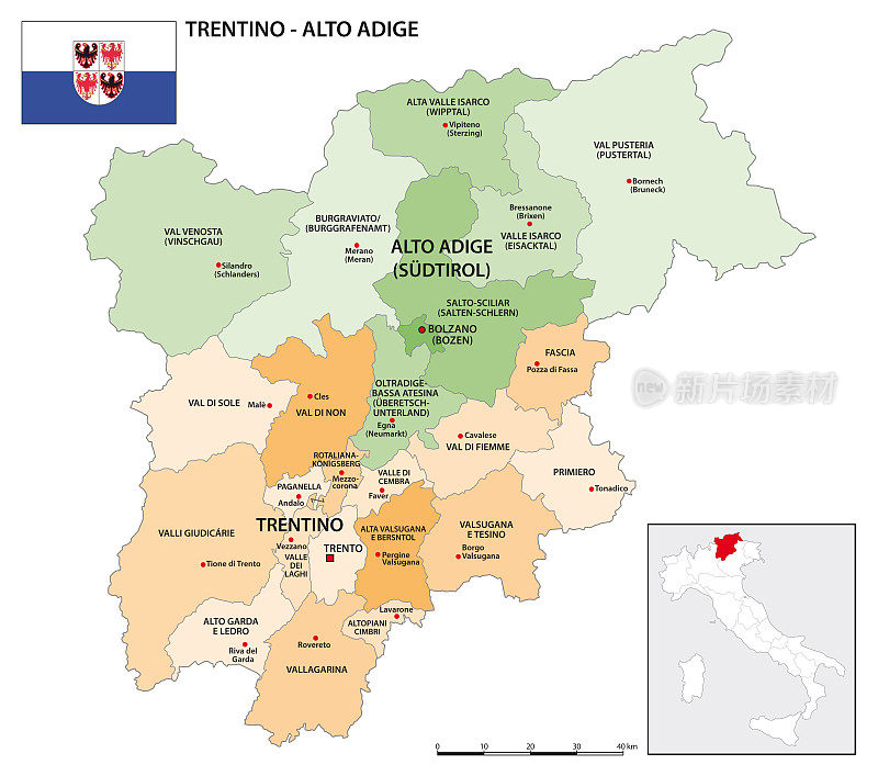 特伦蒂诺-上阿迪杰带国旗的地区地图