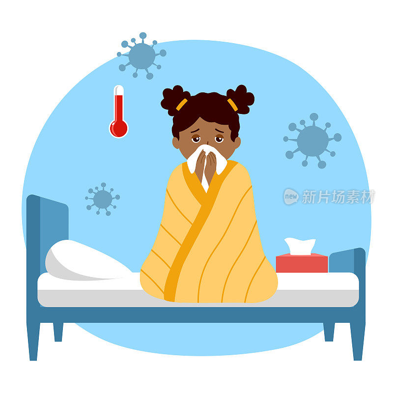 黑人女孩在床上盖着毯子患流感。孩子发烧，用手帕打喷嚏。流感或感冒过敏症状。流感治疗概念载体。