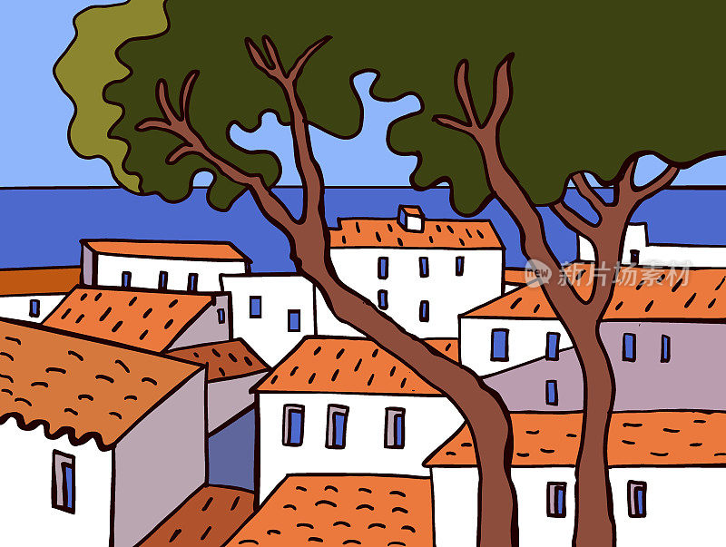 海滨小镇与红色屋顶手绘矢量插图