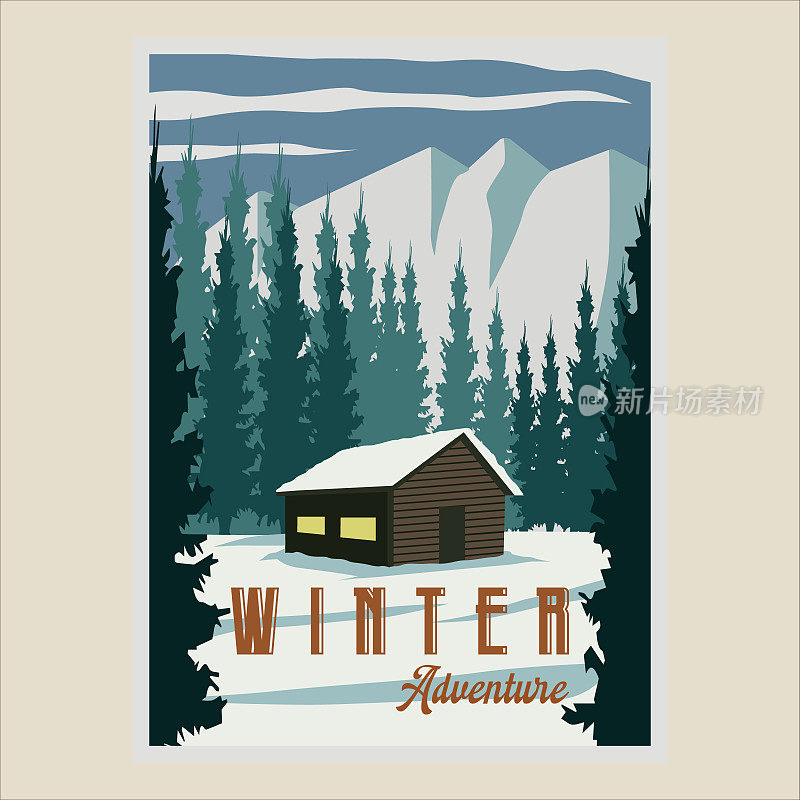 小屋或小屋在冬季景观海报矢量插画模板设计。雪在自然森林旗帜旅游或商务旅游