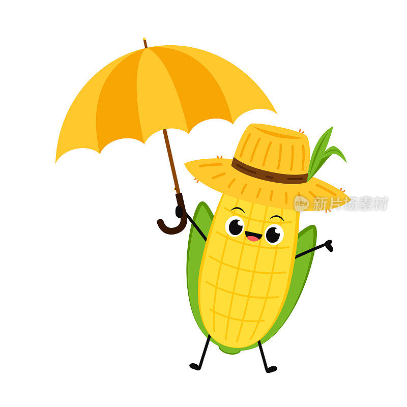玉米卡通矢量。可爱的蔬菜矢量人物孤立在白色上。玉米的吉祥物。农民的帽子。农民帽向量。