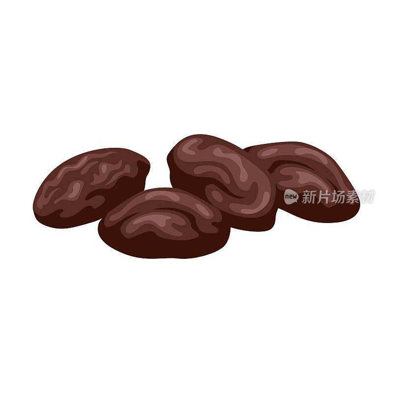 巧克力可可豆卡通插画。有叶子的可可豆切成两半，巧克力单独放在白色的巧克力上