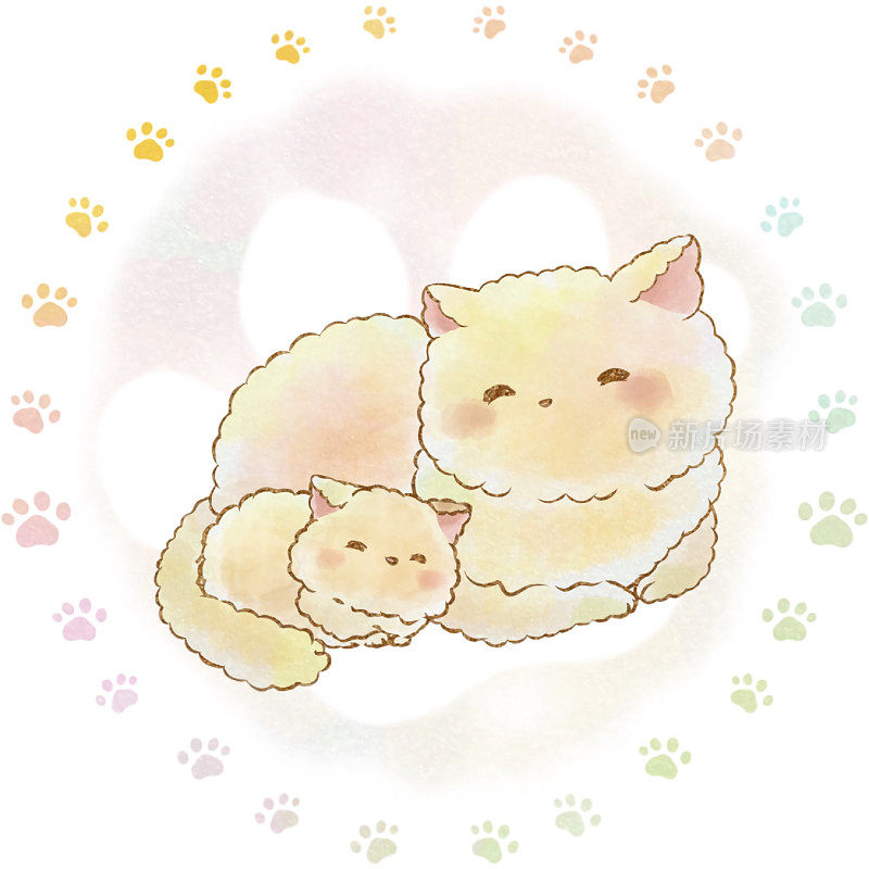 一分插画素材:母子猫(手绘水彩画风格)