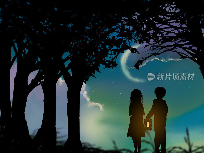 黑白幻想插图在剪纸风格的一个兄弟和一个害怕的妹妹与一盏灯徘徊在森林与月光和漂流的深雾