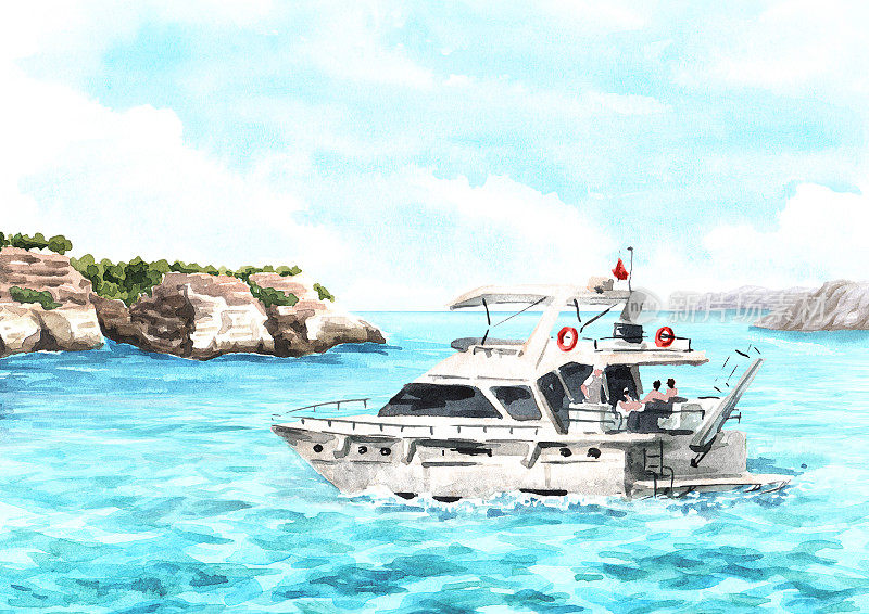 海上的小船，游艇在海边悬崖的波浪上。手绘水彩插图孤立的白色背景