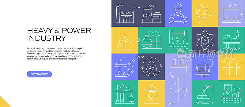 重型和电力工业网站横幅与线性图标，新潮的线性风格矢量