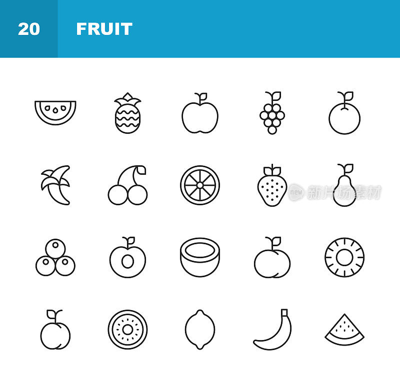 水果线图标。可编辑的中风。包含苹果，香蕉，蓝莓，樱桃，椰子，饮食，生态，异国情调，水果，葡萄，猕猴桃，柠檬，芒果，橘子，桃子，梨，菠萝，李子，石榴，草莓，素食，素食，西瓜等图标。
