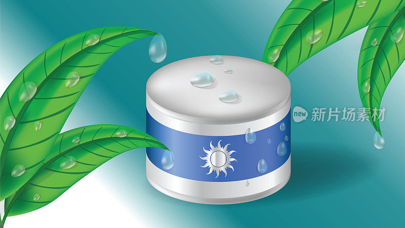 广告罐的奶油与新鲜的绿茶叶子或植物水滴在现实的3d风格