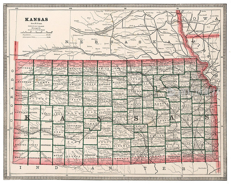 美国堪萨斯州地图，1883年