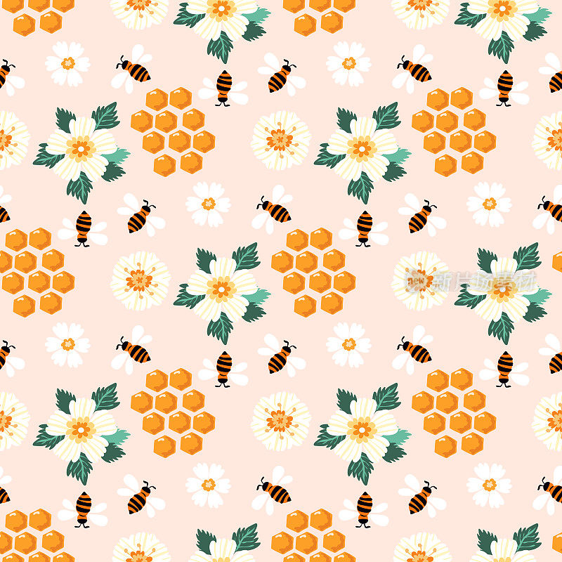夏天平面卡通无缝图案与蜂巢，蜂巢和蜜蜂。