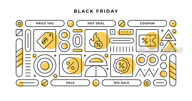 黑色星期五信息图概念与几何形状和价格标签，热交易，优惠券，销售线图标
