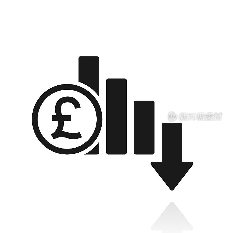 英镑汇率下降。白色背景上反射的图标