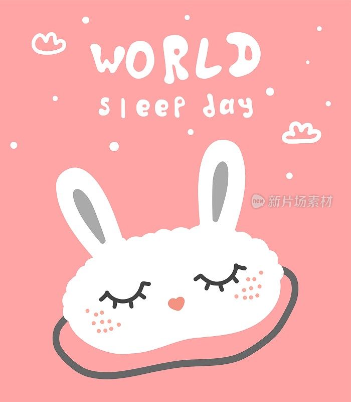 世界睡眠日明信片或横幅。兔子睡眠面膜