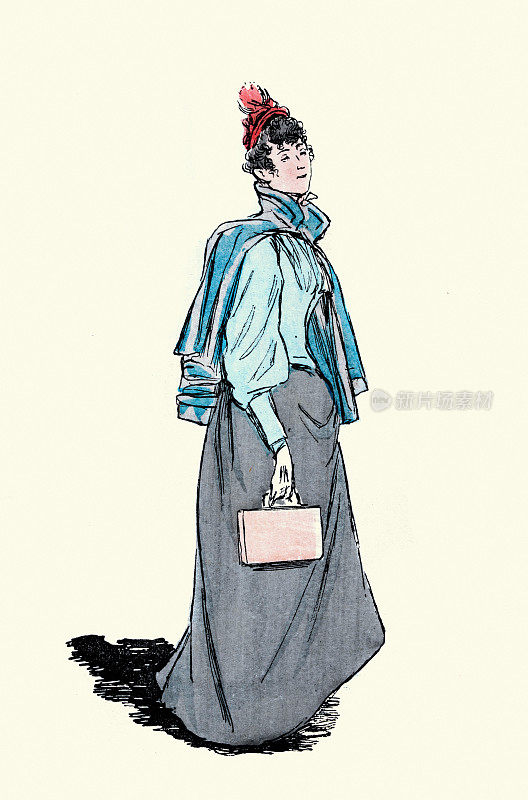 巴黎时尚年轻女子，蓝色衬衫，灰色裙子，手包，维多利亚式法国时尚，19世纪，19世纪
