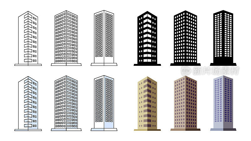 塔楼公寓，城市写字楼，豪华酒店。三维矢量插图图标材料集