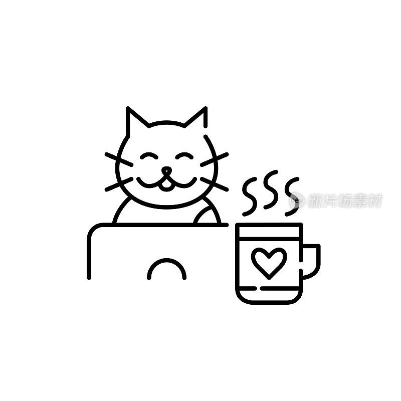 快乐的猫咪在笔记本电脑前工作，杯子里装着热饮。像素完美，可编辑的笔画图标