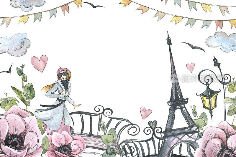 埃菲尔铁塔上有女孩、灯笼、桥和花。水彩插图素描风格与图形元素。来自PARIS集合的模板。用于明信片的登记和设计
