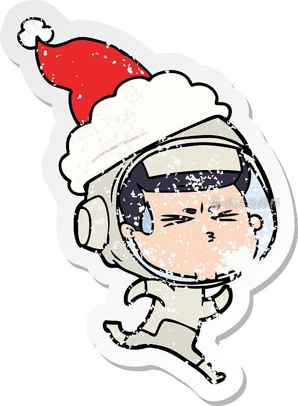 手绘苦恼贴纸卡通的宇航员戴着圣诞老人的帽子