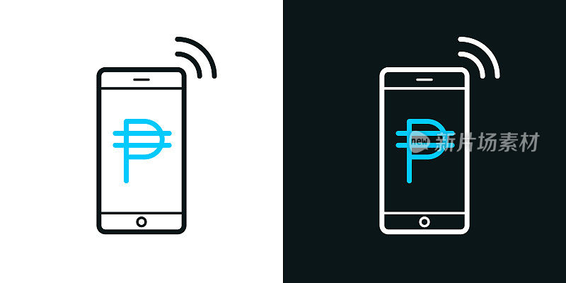 带比索的移动支付。黑色或白色背景上的双色线图标-可编辑的笔画